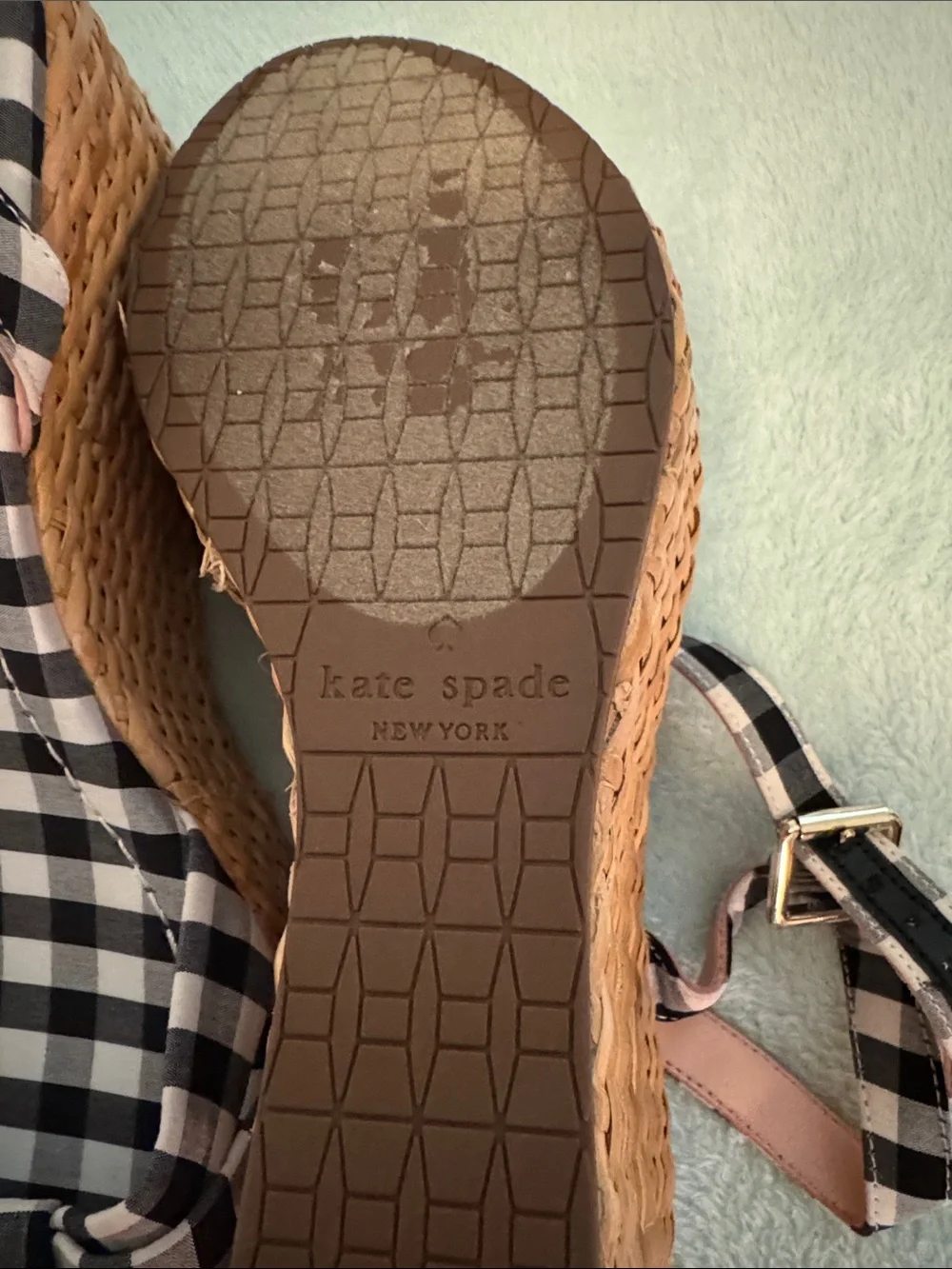 kate spade Black and White Gingham Knot Espadrille Wedge Sandals